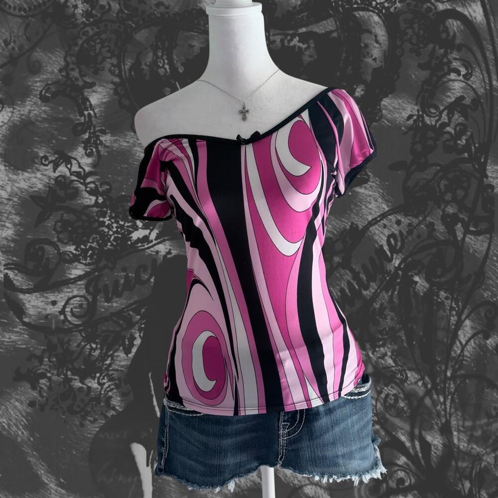 y2k retro pink black revival candy swirl glam top